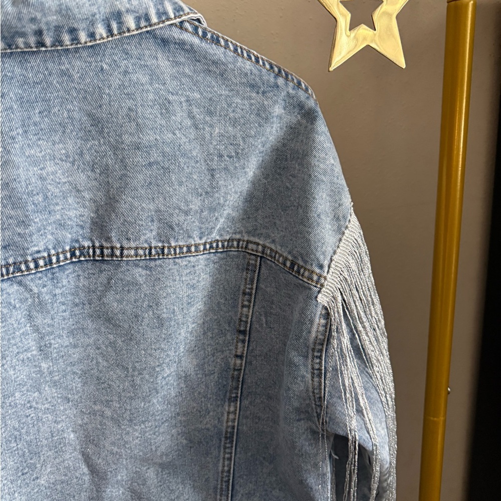 Fringe Denim Jacket Western Cropped Light Wash Festival Rodeo Jacket M - Picture 10 of 13